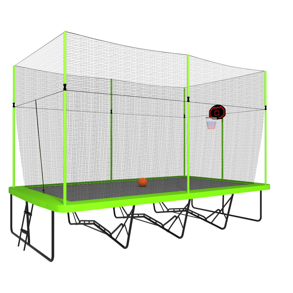 Large rectangular outdoor trampoline safety enclosure net — angle view