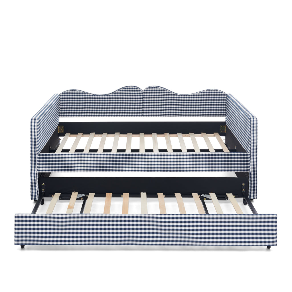 Full‑Size Daybed,Gingham Upholstered Daybed Equipped with Pull-Out Trundle Bed Frame & Side Storage Pocket, Solid Wood Frame Multi-Functional Sofa Bed for Kids Room & Guest Bedroom-PINK