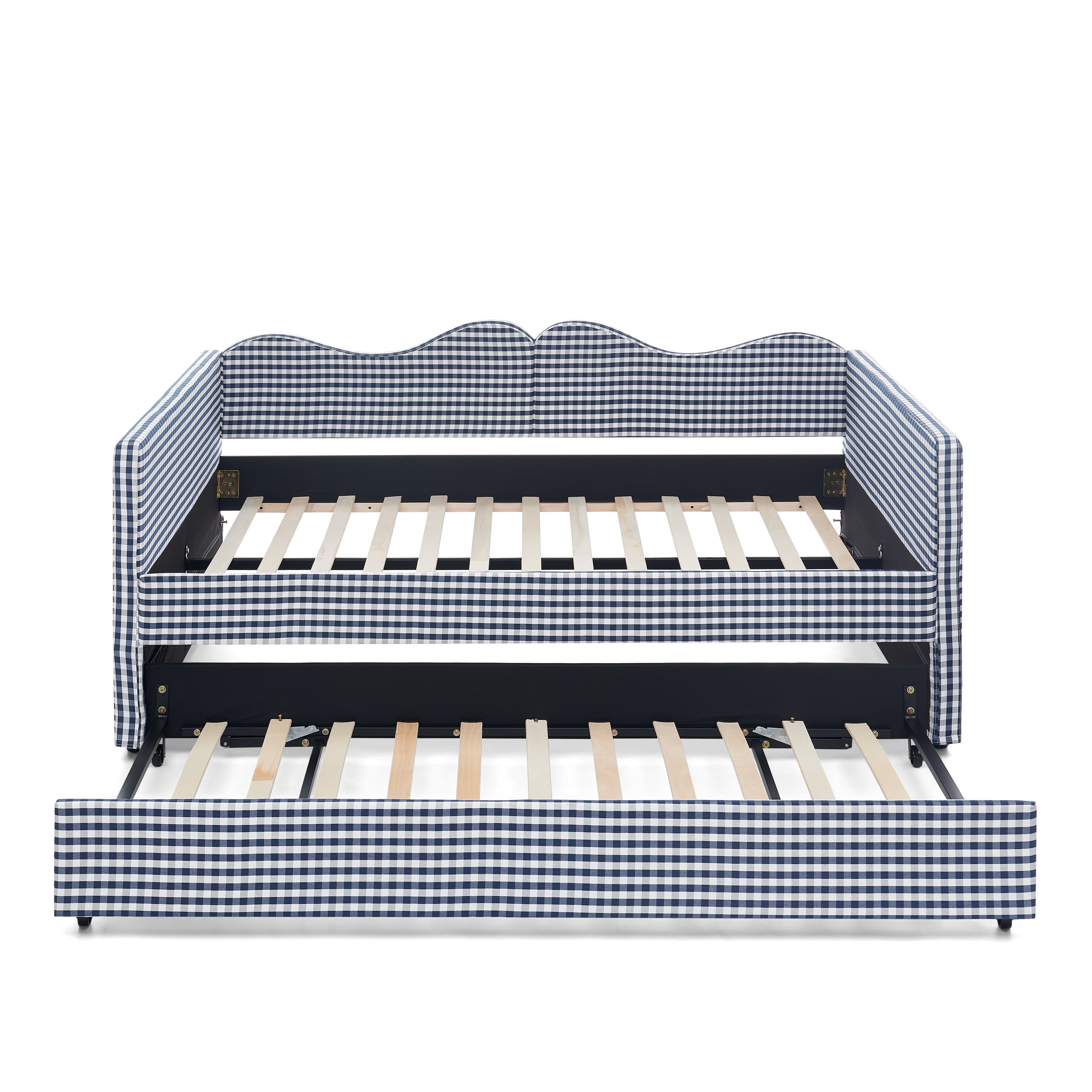 Full‑Size Daybed,Gingham Upholstered Daybed Equipped with Pull-Out Trundle Bed Frame & Side Storage Pocket, Solid Wood Frame Multi-Functional Sofa Bed for Kids Room & Guest Bedroom-PINK