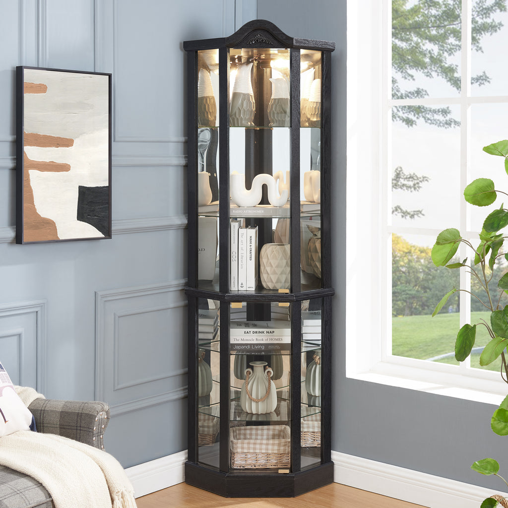 Lighted Glass Display Cabinet Corner Curio Cabinet with Adjustable Shelves Carved Cherry Decoration Wine Cabinet Perfect for Home or Office Use-BLACK