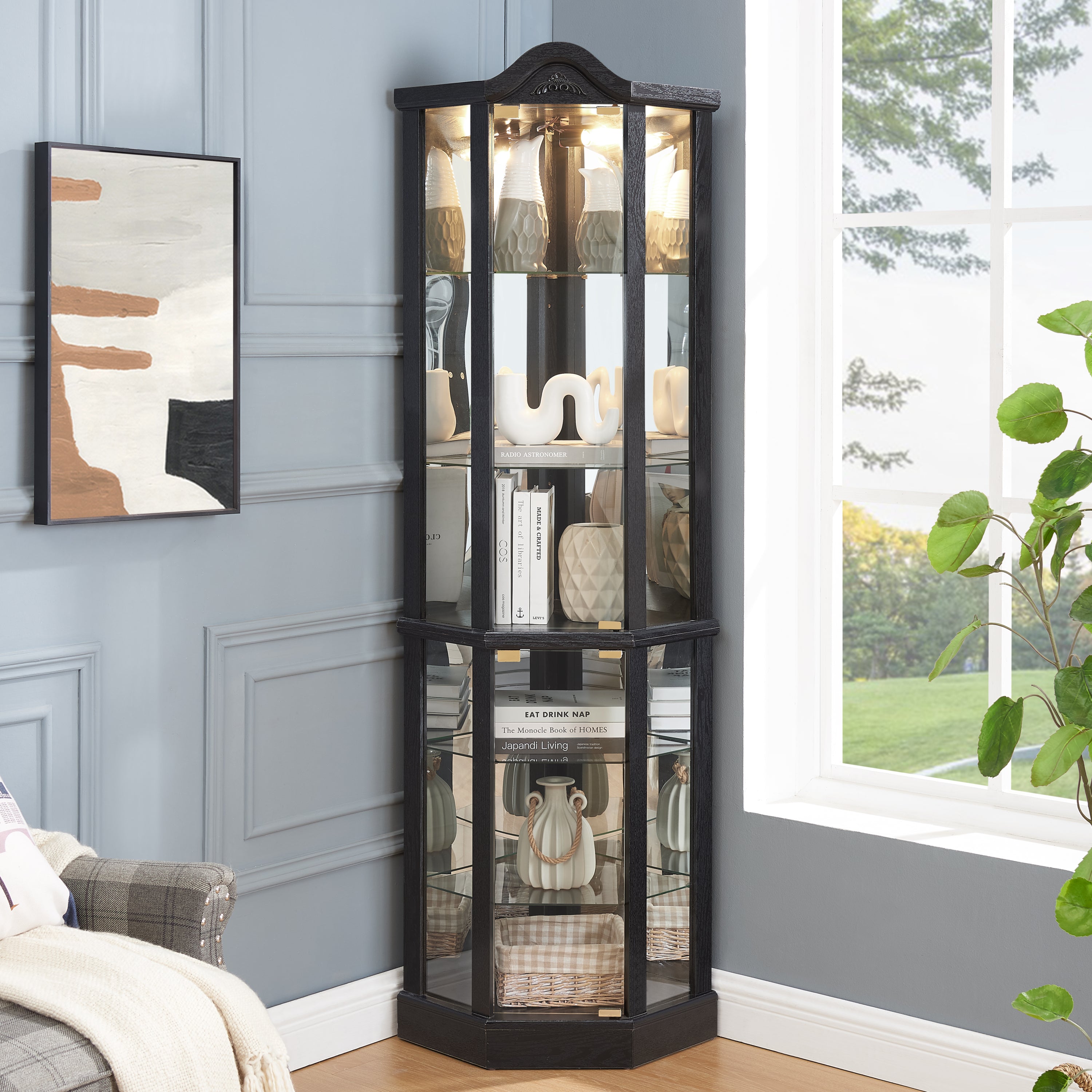 Lighted Glass Display Cabinet Corner Curio Cabinet with Adjustable Shelves Carved Cherry Decoration Wine Cabinet Perfect for Home or Office Use-BLACK