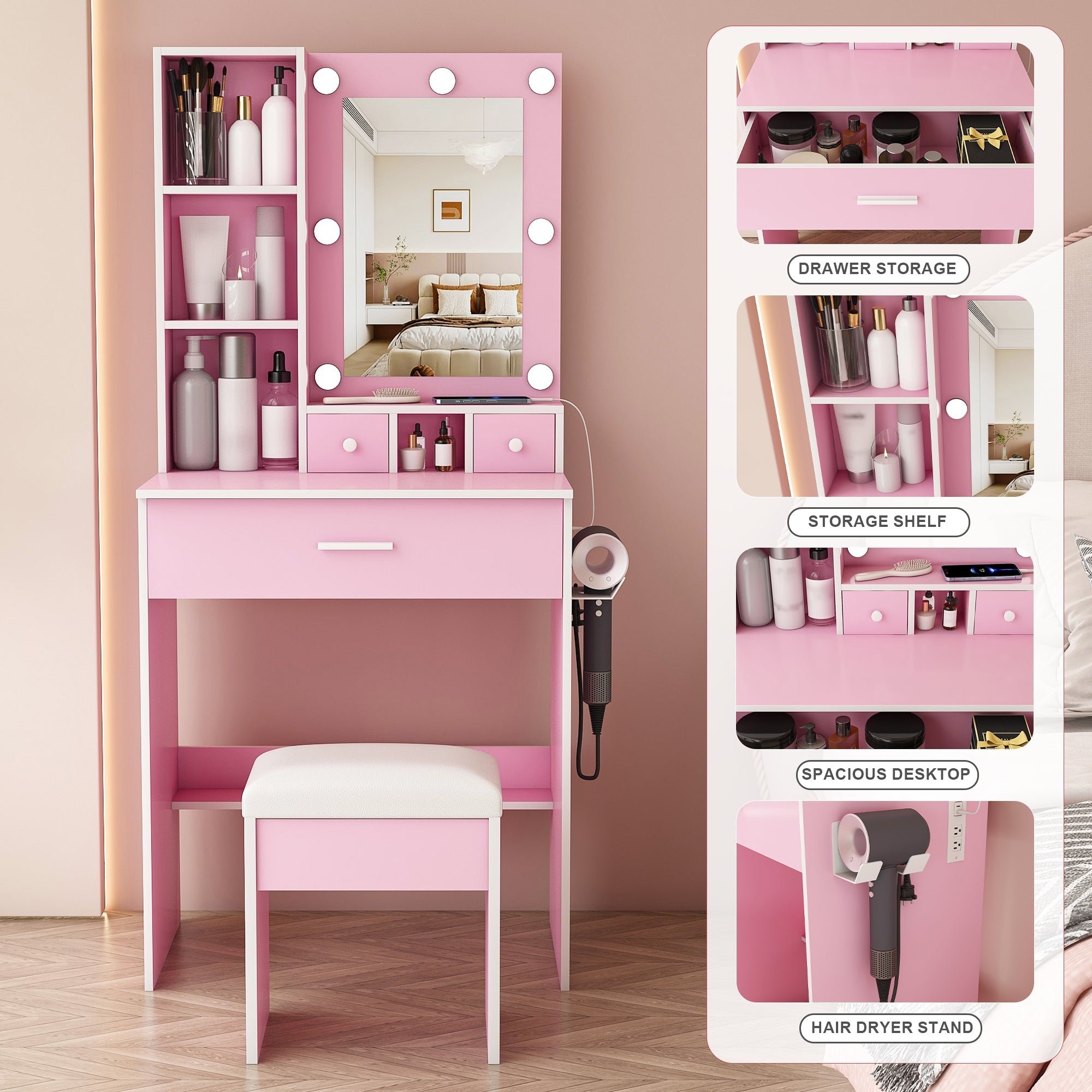 Vanity Table with Mirror, Adjustable LED Lights, Power Outlet, Hairdryer Holder & Stool – Compact Dressing Desk for Small Bedrooms