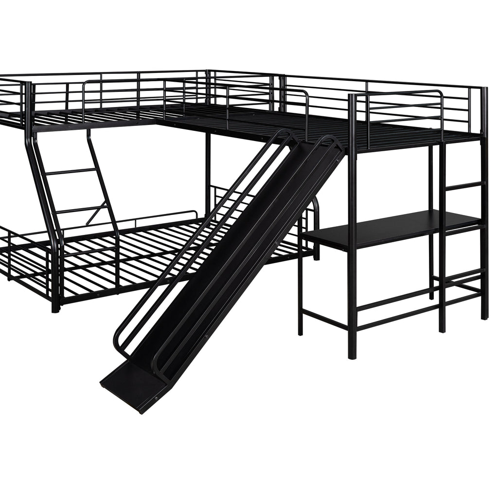 Black L-Shaped Twin over Full Bunk Bed with Twin Loft, Desk & Slide — Metal & MDF