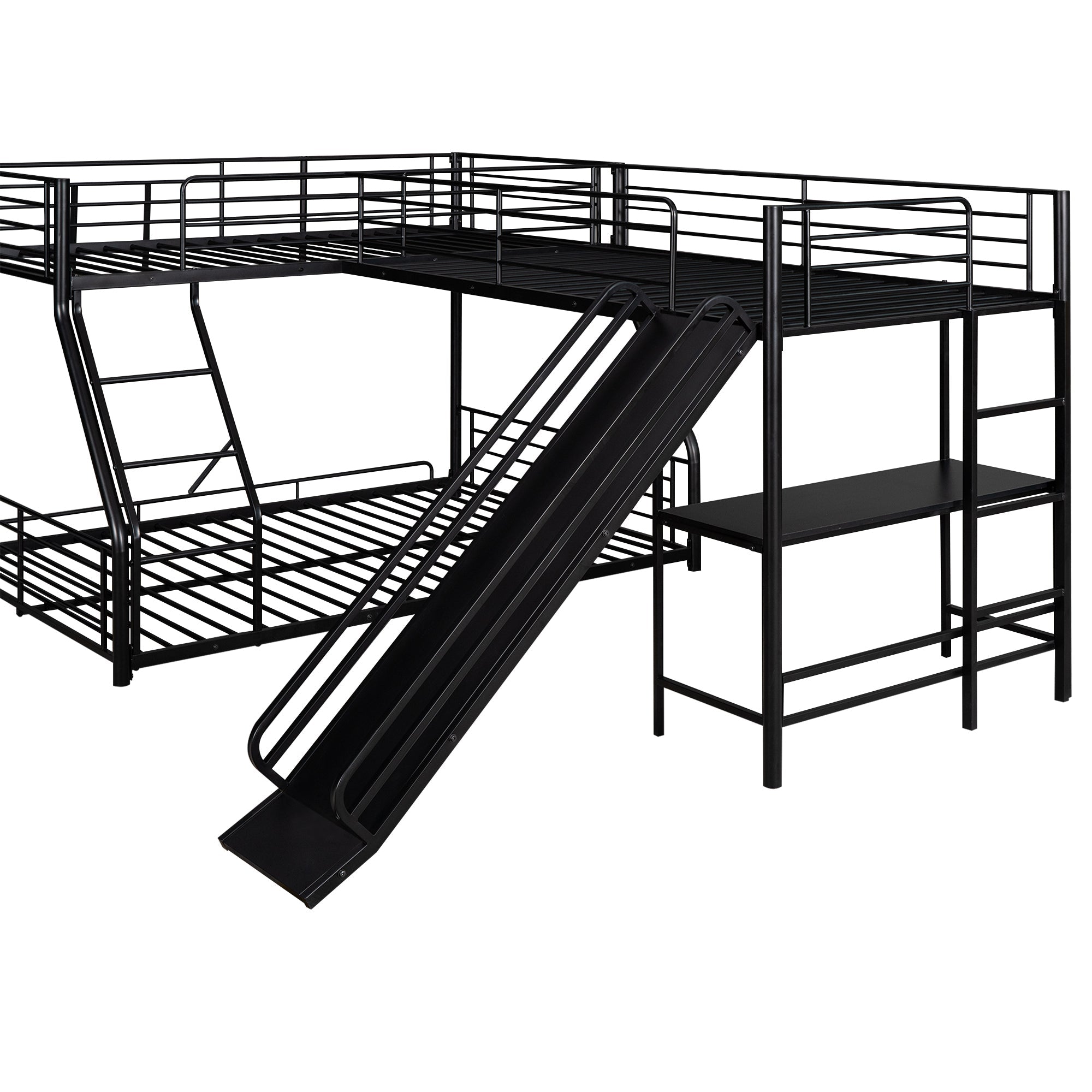 Black L-Shaped Twin over Full Bunk Bed with Twin Loft, Desk & Slide — Metal & MDF
