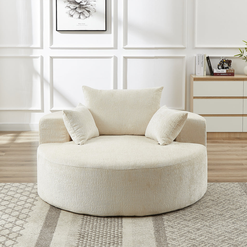 Beige chenille floor chair side profile
