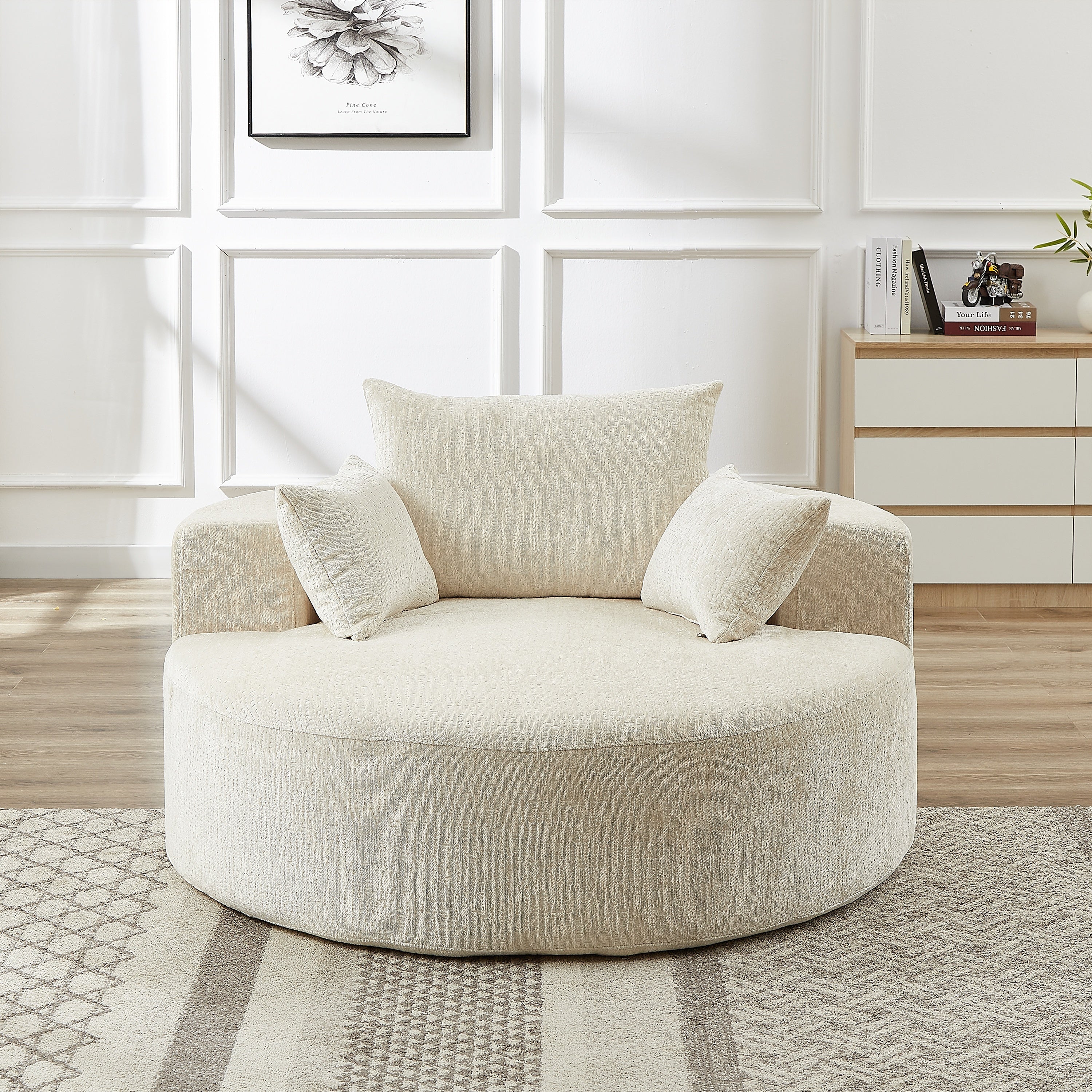 Beige chenille floor chair side profile