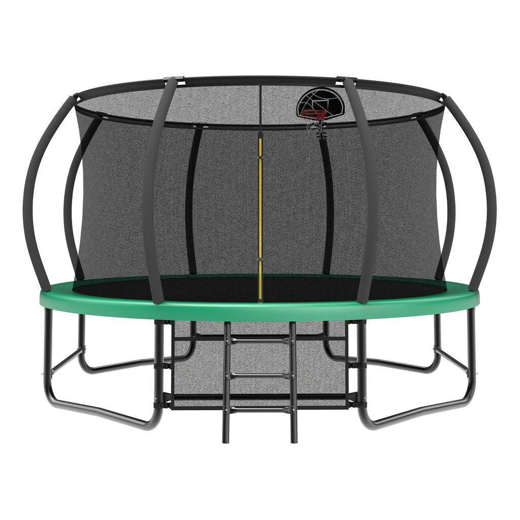 Green 14-foot outdoor trampoline with safety enclosure — front view