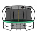 Green 14-foot outdoor trampoline with safety enclosure — front view