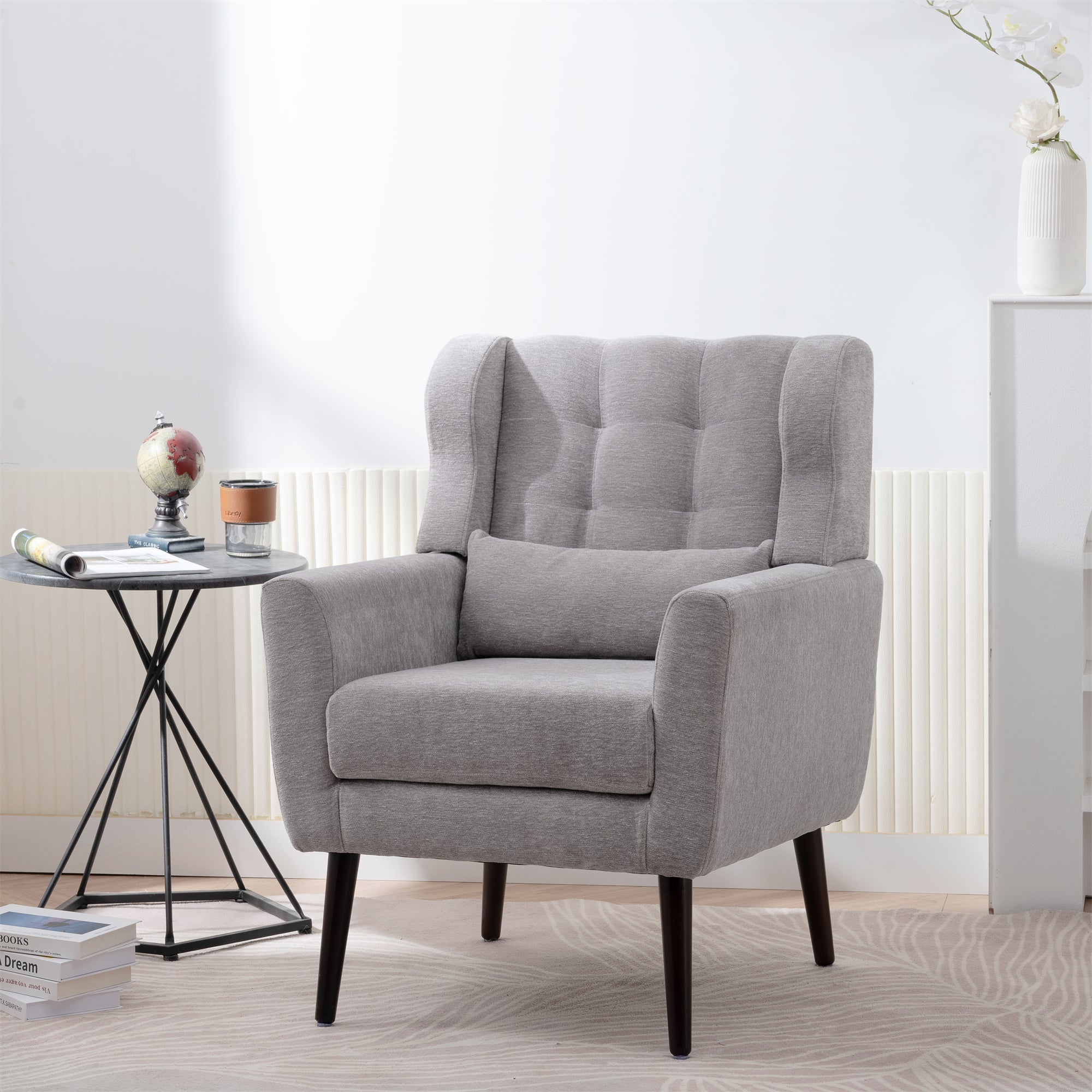 Chenille Accent Chair with Lumbar Pillow — Mid-Century Rubberwood Legs