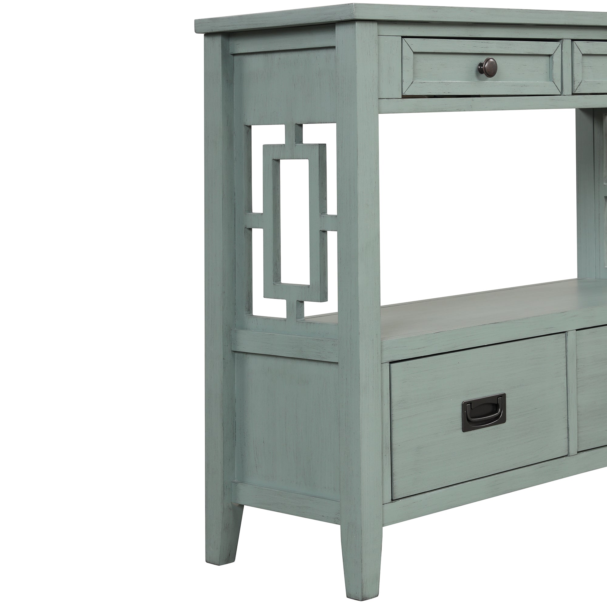 Retro blue console table top drawers round handles close-up