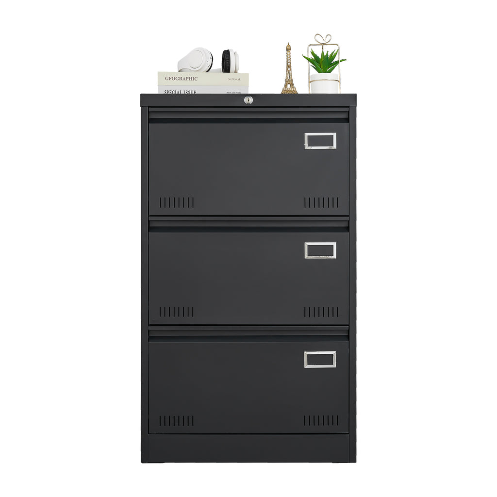 Three-drawer file cabinet with lock close-up