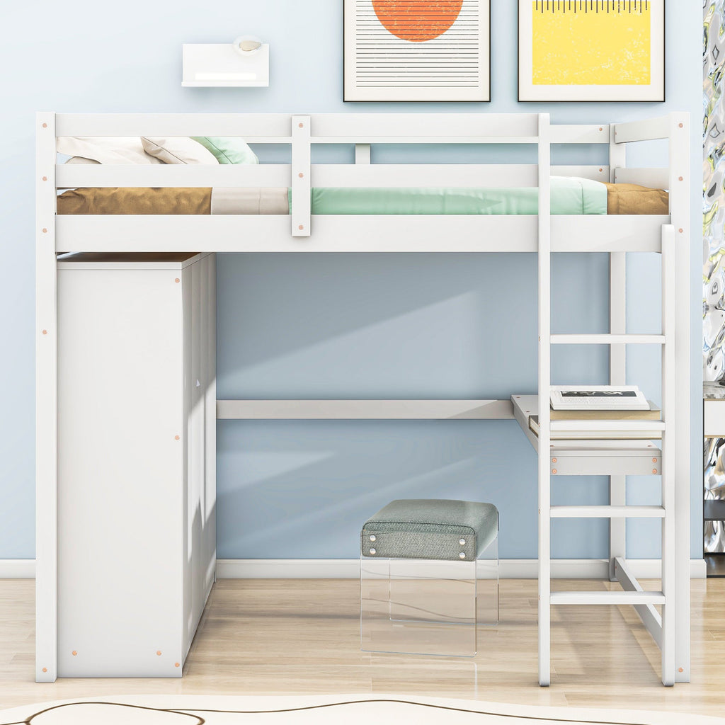 Full Size Loft Bed with Wardrobe, Desk & Storage Drawers — Pine Wood