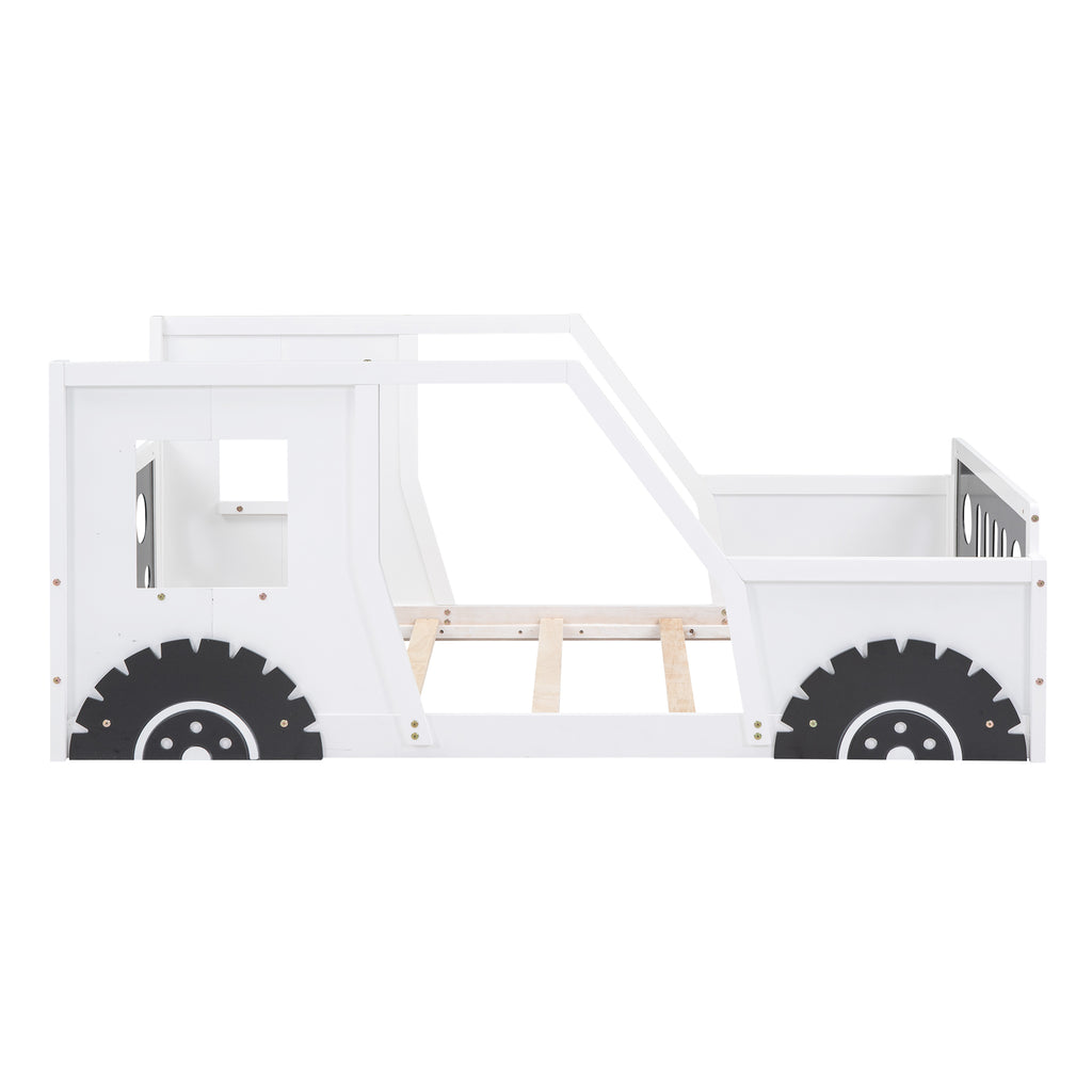 White twin car bed footboard and wheel detail