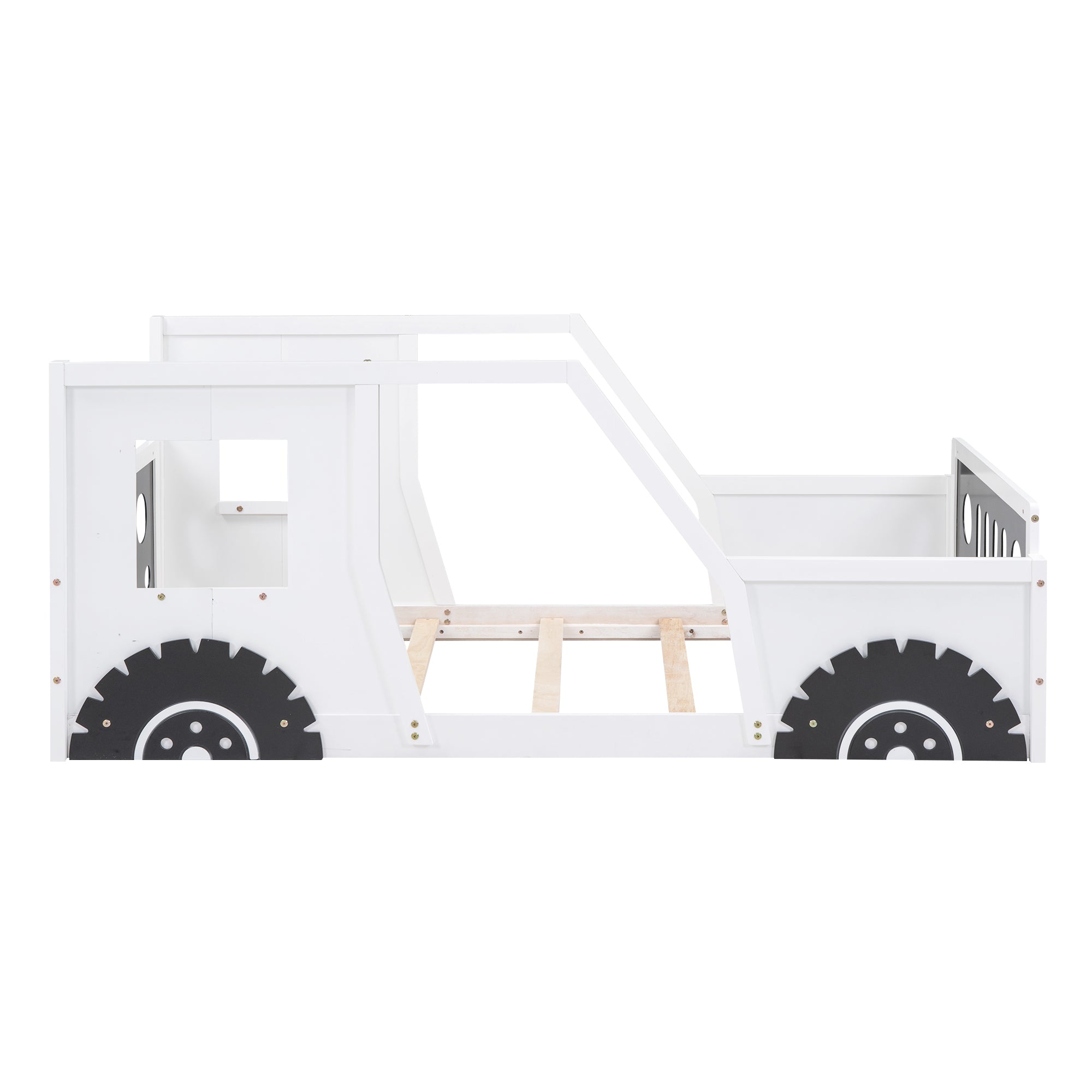White twin car bed footboard and wheel detail