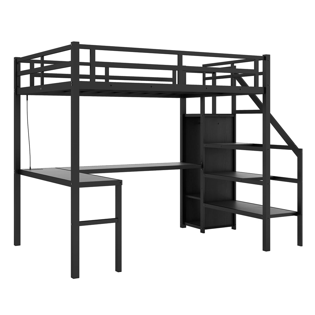 Black Twin XL loft bed USB charging station on desk detail
