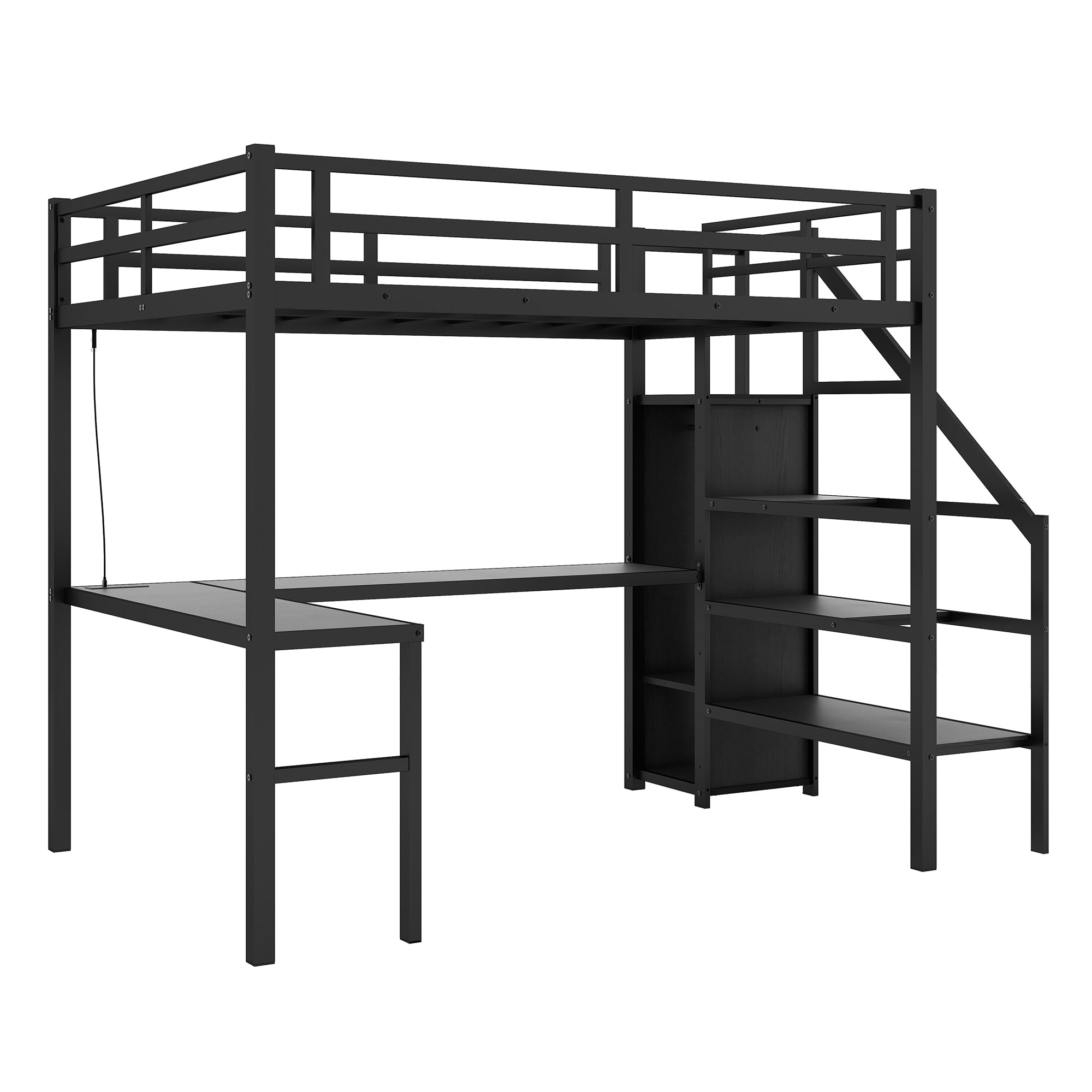 Black Twin XL loft bed USB charging station on desk detail