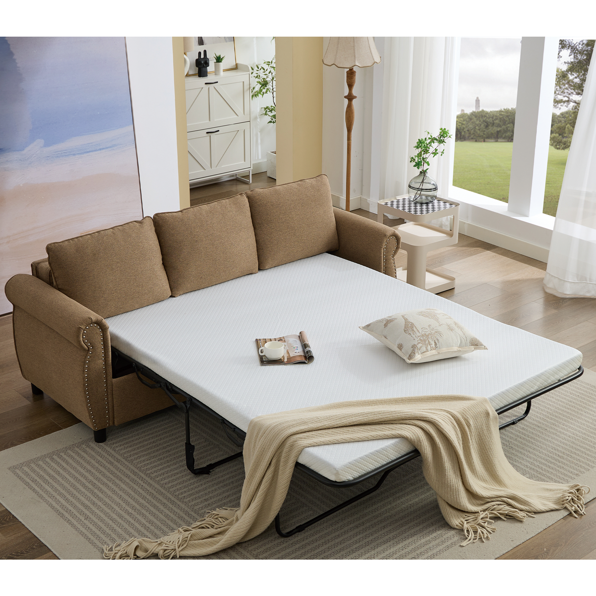 [NEW ARRIVED] [VIDEO PROVIDED] 81.5' 2-in-1 Queen Convertible Sleeper Sofa Bed, Pull Out Couch Bed,3 seater sofa bed,with 3.35' Memory Foam Mattress ,Rivet handrail,Beige(Old sku:W2108S00091)