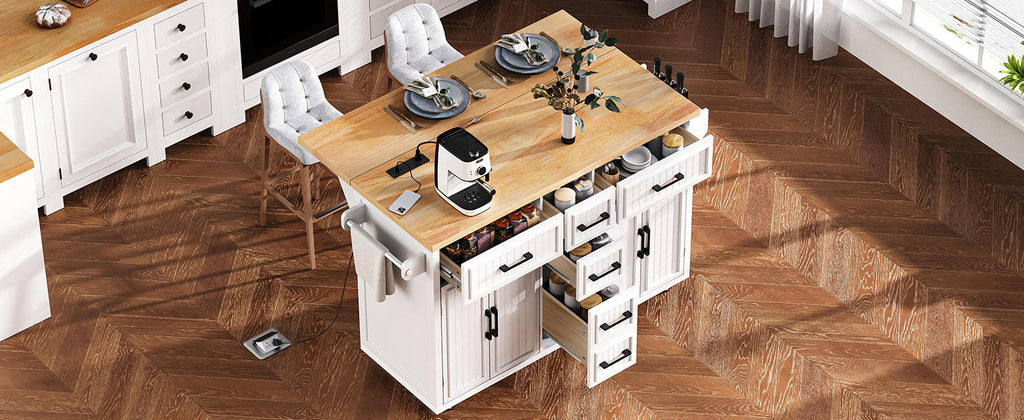 K&K 56.5'' Kitchen Island with Drop Leaf, Power Outlet, Embossed Vertical Stripe Rolling Kitchen Cart on Wheels with 4 Doors , 5 Deep Drawers and Adjustable Shelves, for Kitchen, Dining Room, Black