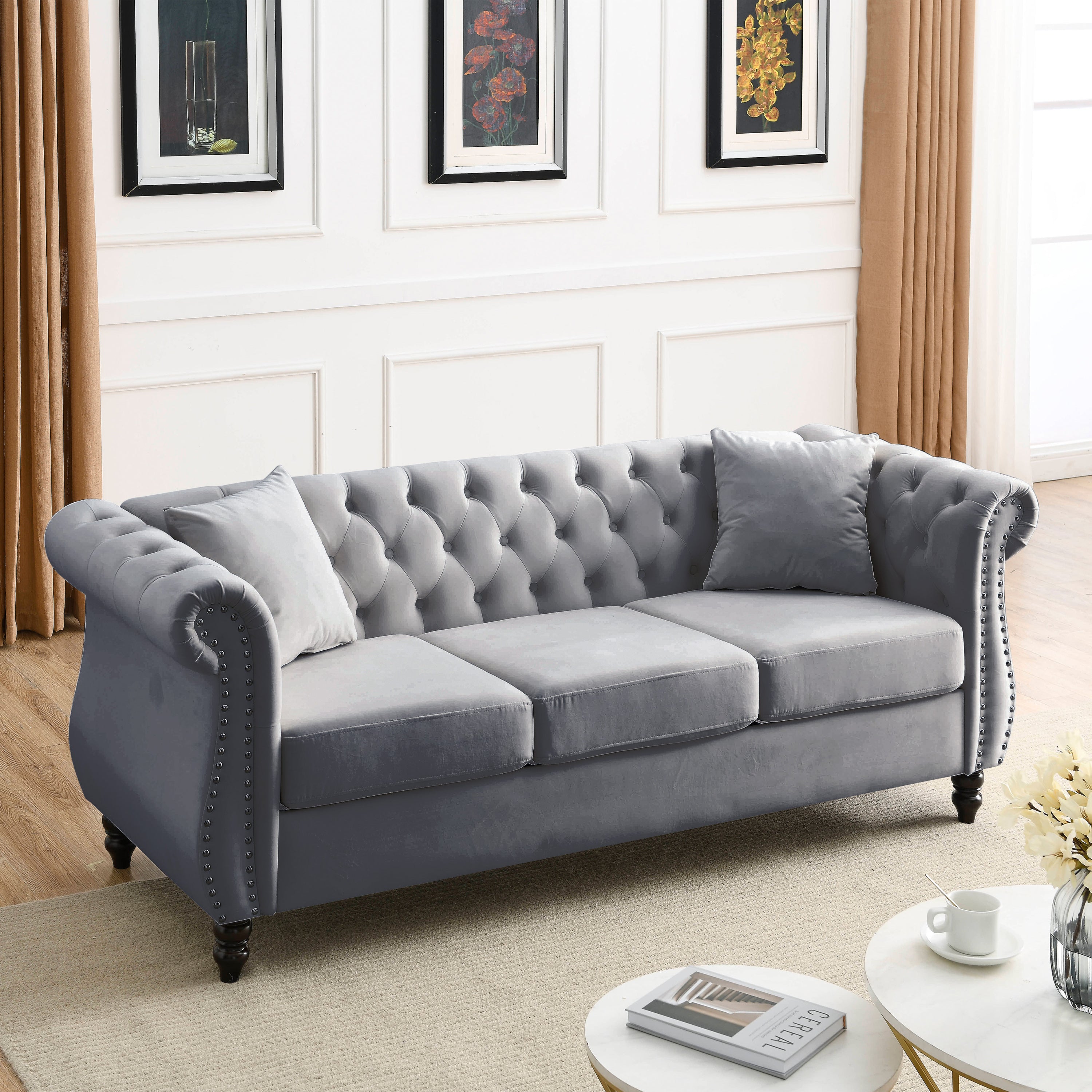 80-inch grey velvet Chesterfield sofa with rolled arms — angle view