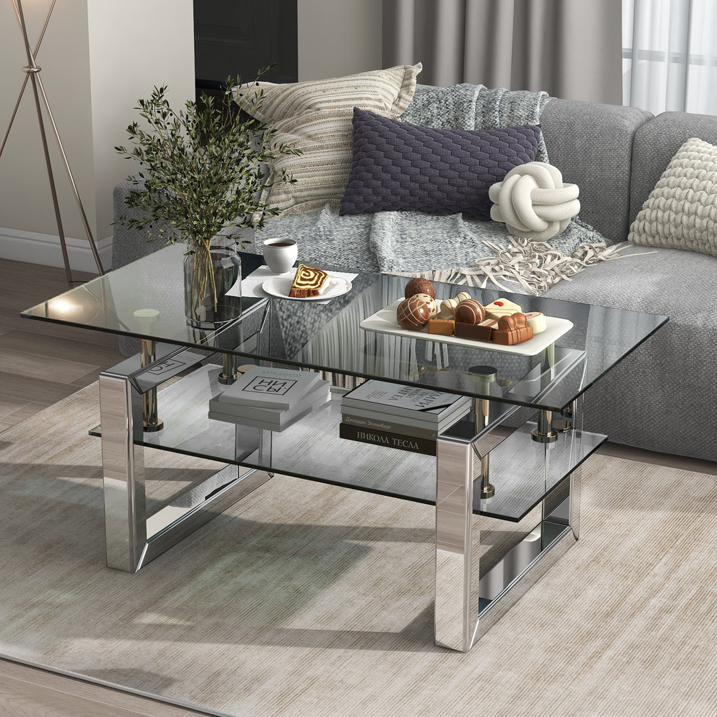 Silver mirror coffee table tempered glass top — front view