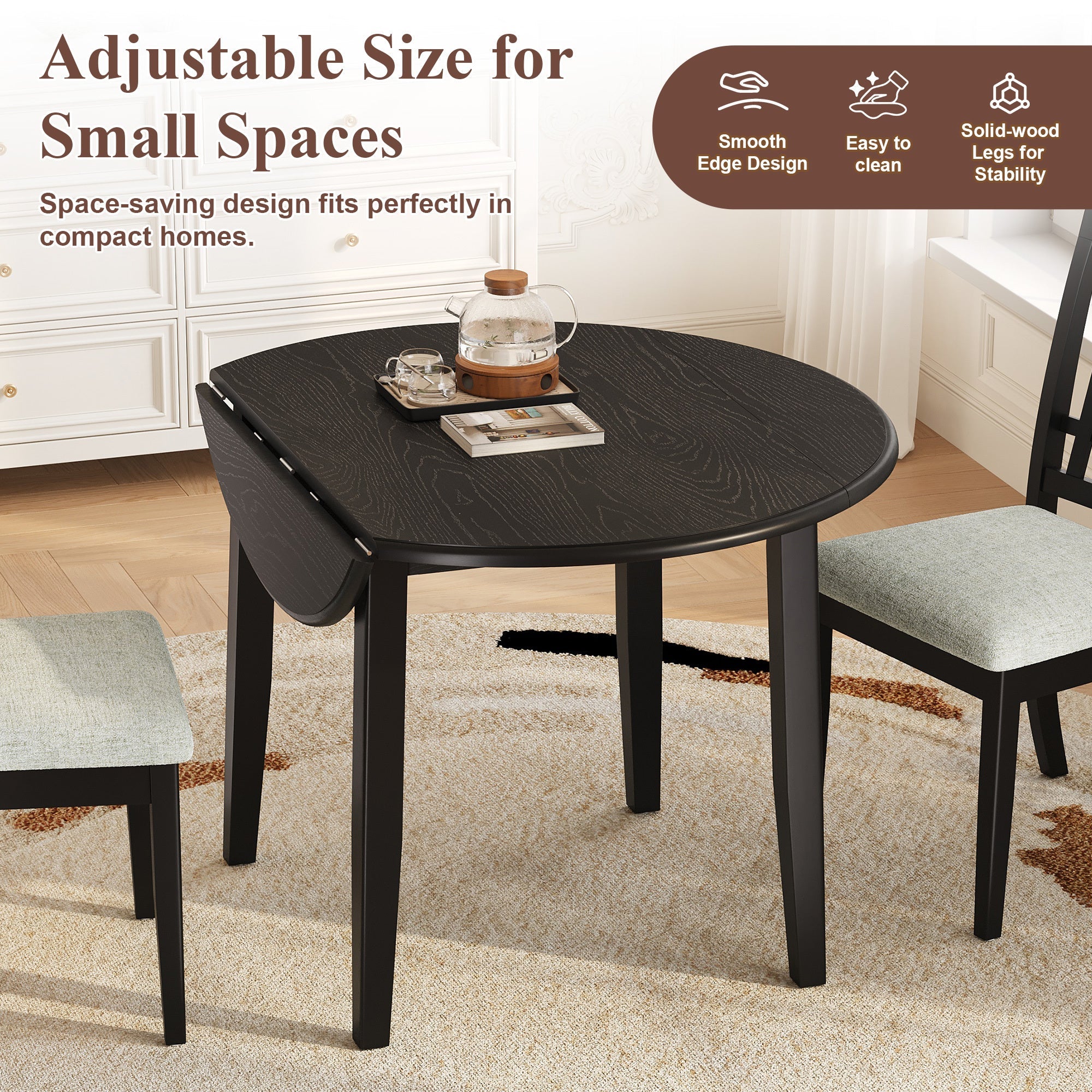 3-Piece Round Dining Table Set for 2 People, 1 Folding Wood Dining Table + 2 Upholstered Chairs, Space-Saving Design for Small Apartments and Dining Areas -LIGHT BROWN