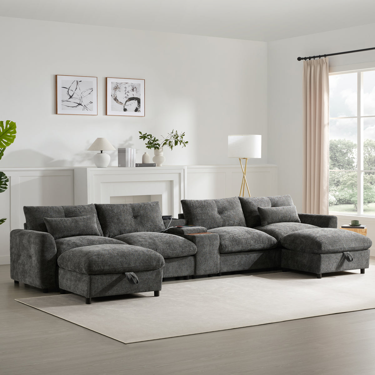 [VIDEO]136'' Modular Sectional Sofa with Console, Cup Holder, USB Charger, Movable Storage Ottoman, Pull-line&Tufted Design, U-Shaped Oversized Chenille Sofa for Living Room&Apartment,2 Colors