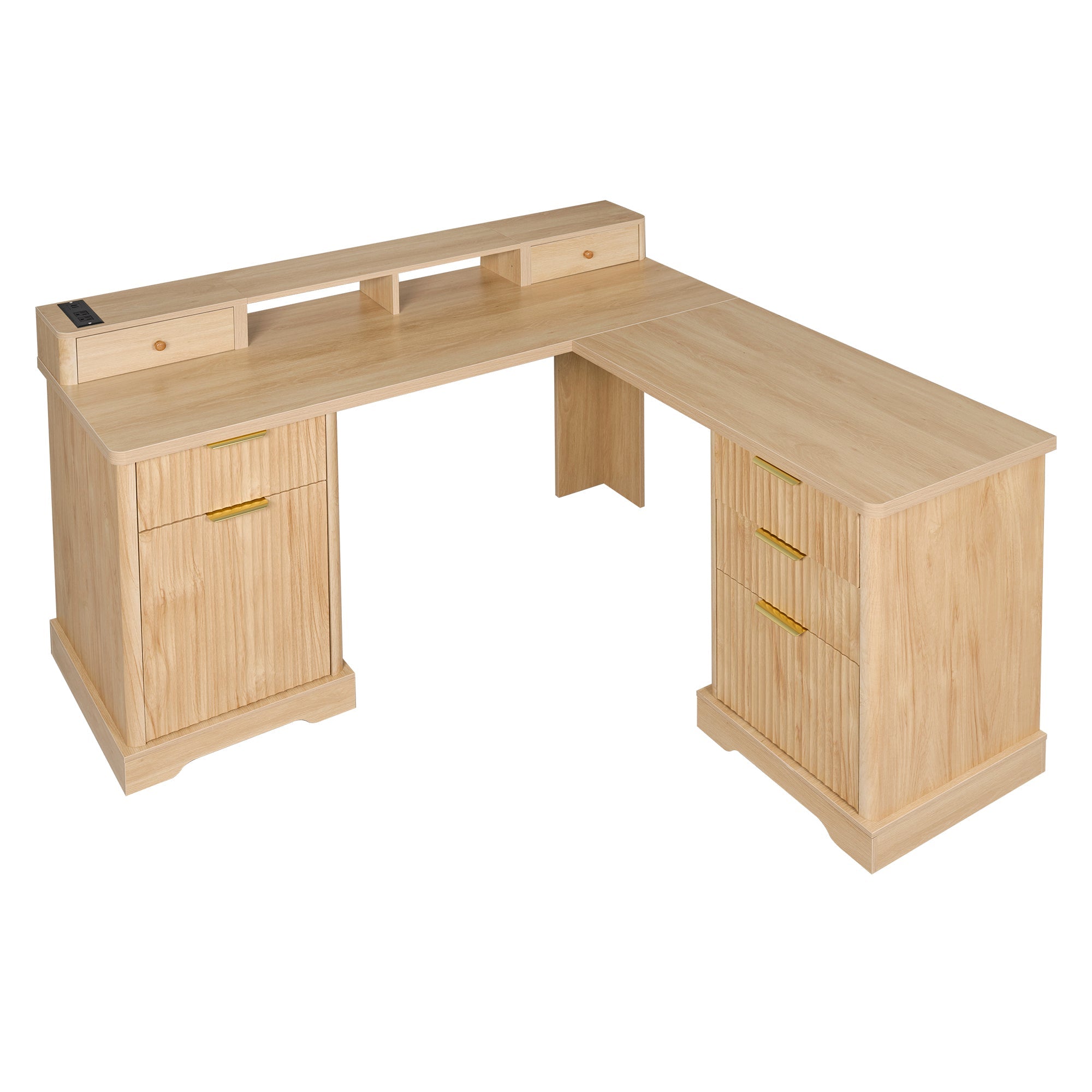 Fluted L-Shaped Desk with Charging Station, Monitor Stand & File Drawer — 59-Inch