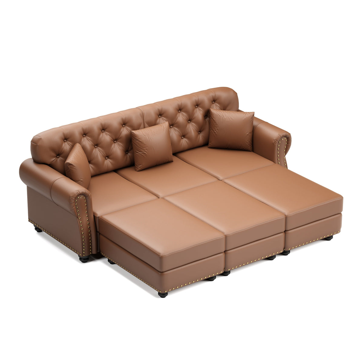 82.6'Upholstered Faux Leather Sofa with Nailhead Trim and Rolled Armrests,Mid-Century Modern Chesterfield Sofa with Button Tufted,Includes 3 Pillows,Black