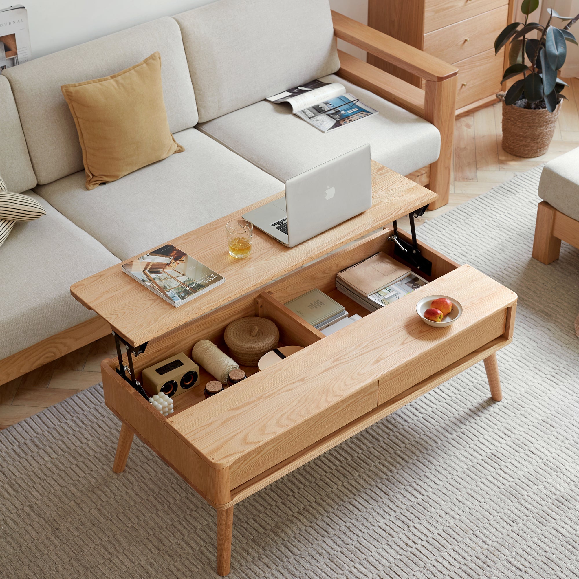 Solid Oak Lift-Top Coffee Table with Hidden Storage — 47" Wide