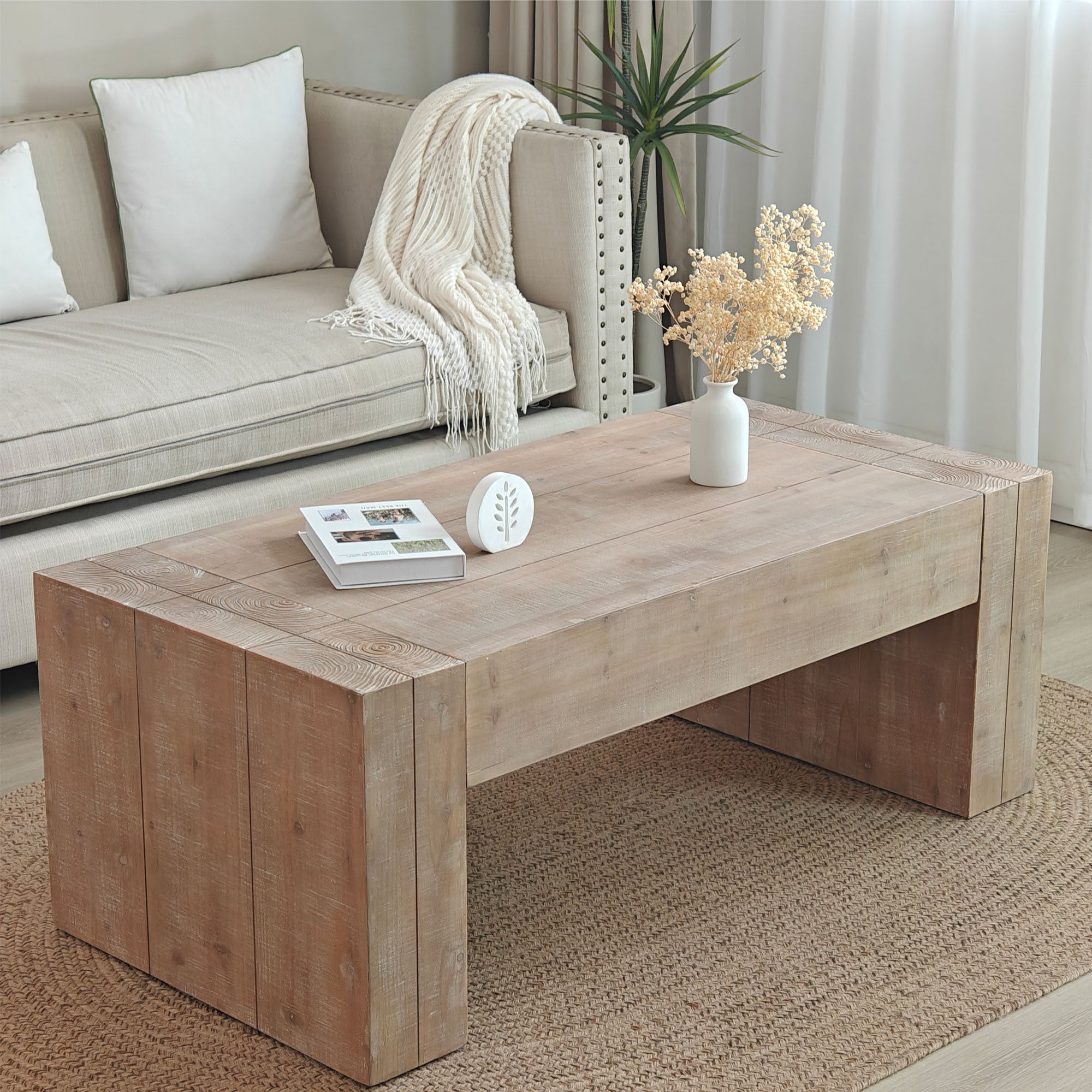 Distressed wood finish rectangular coffee table in living room