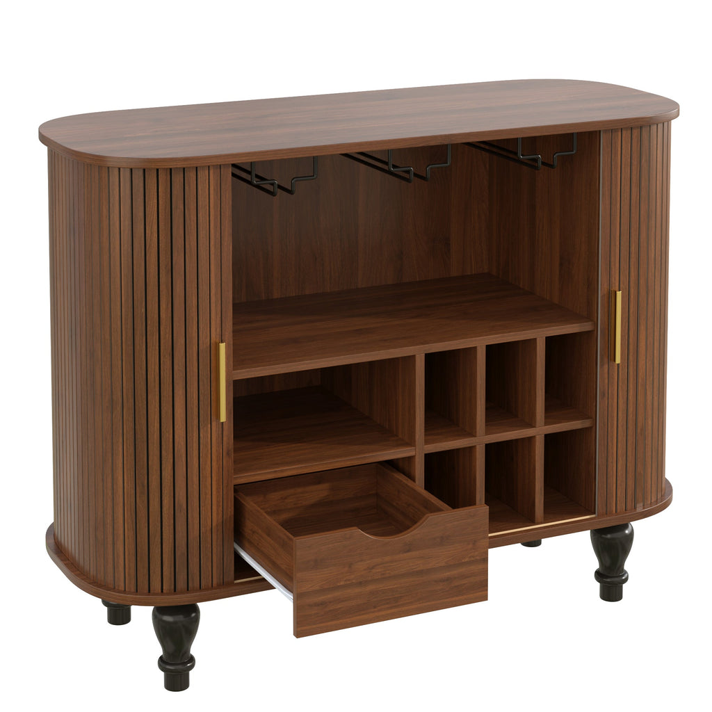 39' Fluted Liquor & Coffee Bar Cabinet with 6 Wine Racks and 3 Glass Holders, Mid-Century Modern Bar Cabinet with A Large Storage Drawer ,4 Hidden Storage Space on the Side , Black