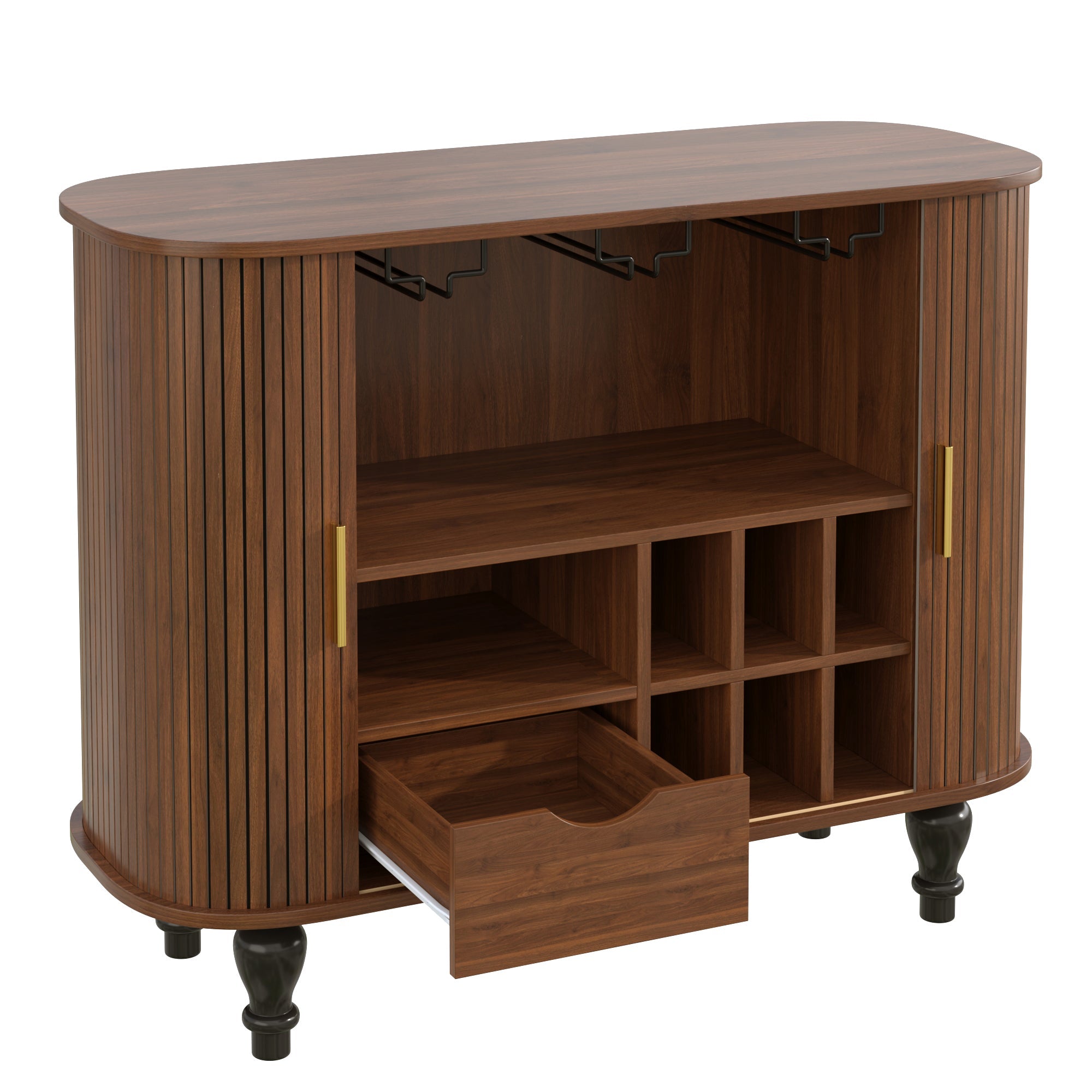 39' Fluted Liquor & Coffee Bar Cabinet with 6 Wine Racks and 3 Glass Holders, Mid-Century Modern Bar Cabinet with A Large Storage Drawer ,4 Hidden Storage Space on the Side , Black