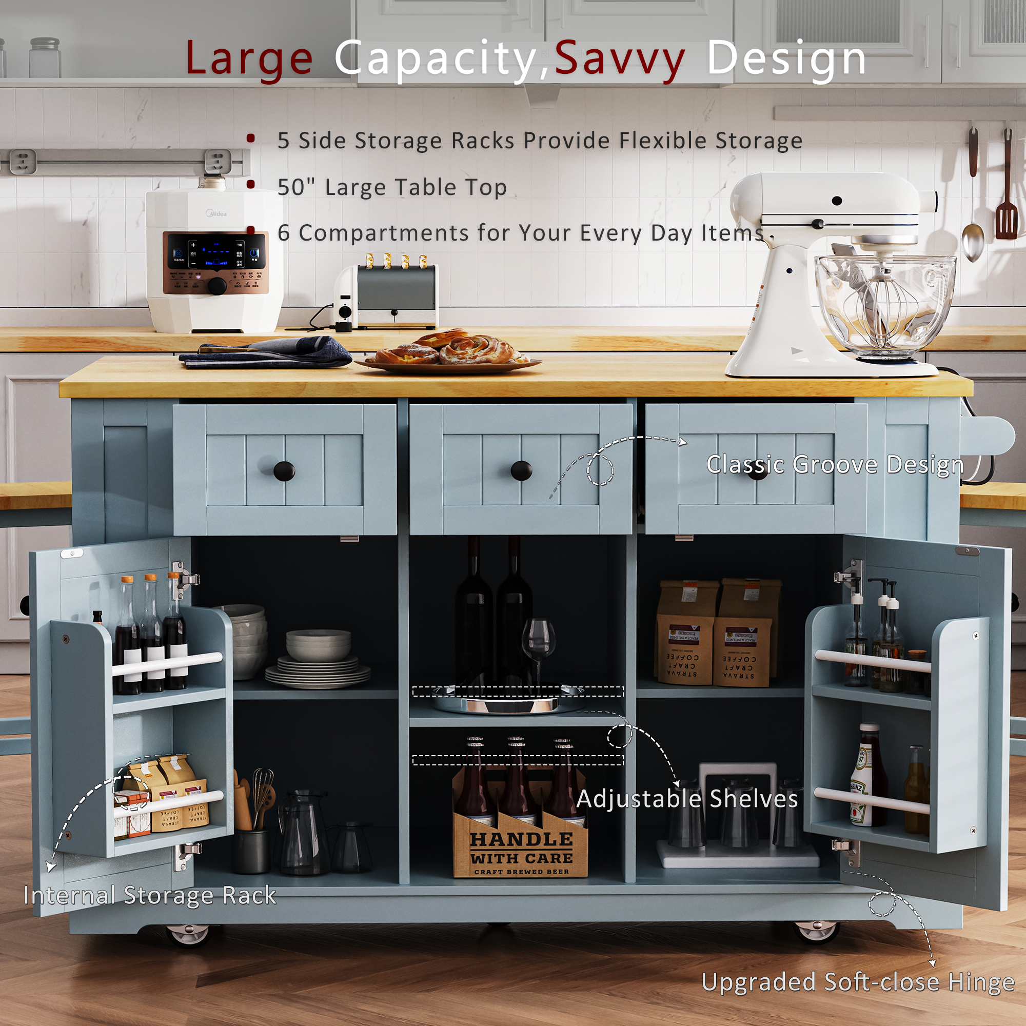 K&K 53inch Large Kitchen Island with Drop Leaf,Power Outlet,Door Internal Storage Rack,Rolling Kitchen Cart on 5 Wheels with 5 Open Side Racks for Kitchen,Black(Two Packages)(Stools not included)