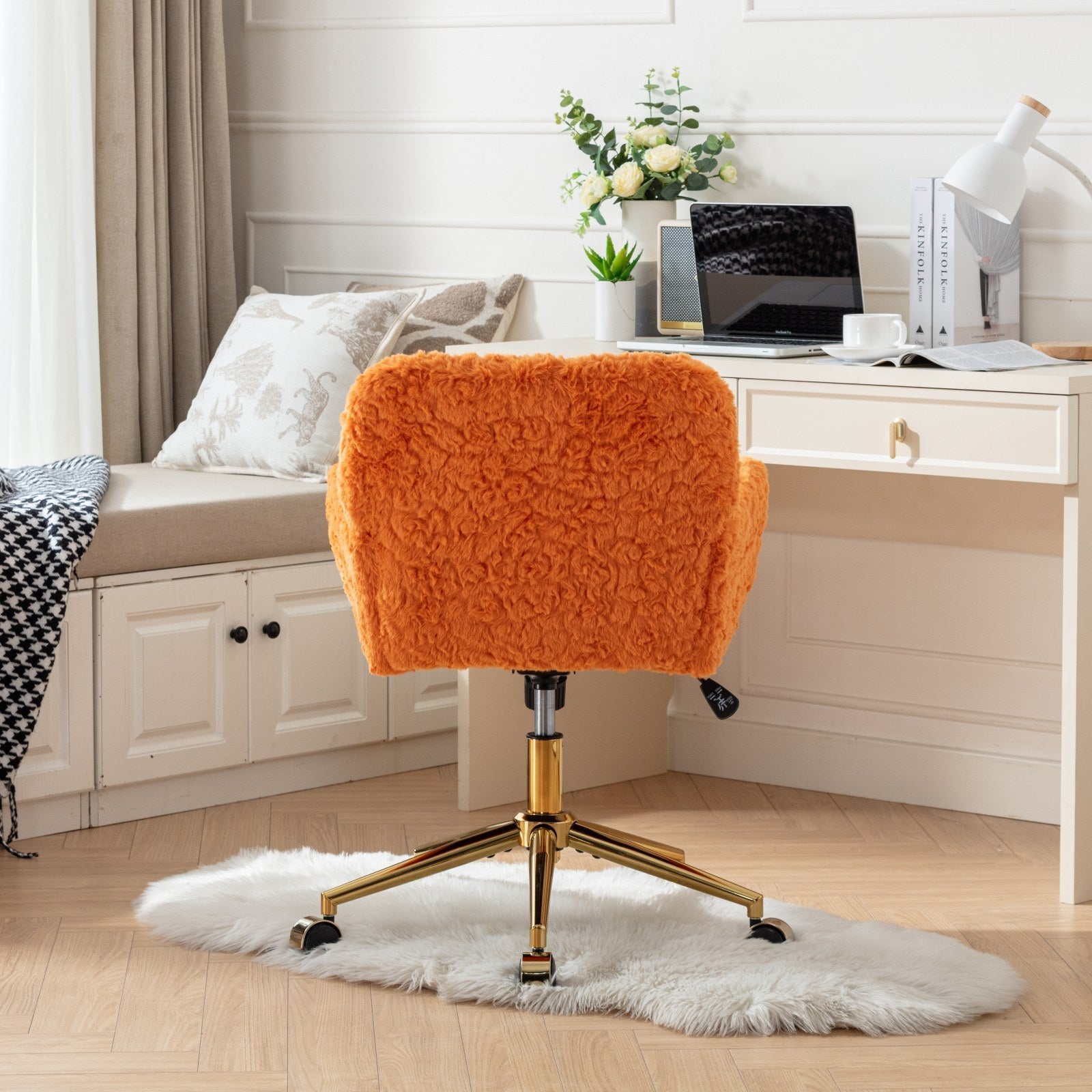 Faux Fur Office Chair — 40° Reclining with Gold Metal Base & Wheels