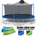 Blue 14-foot trampoline with basketball hoop — front view