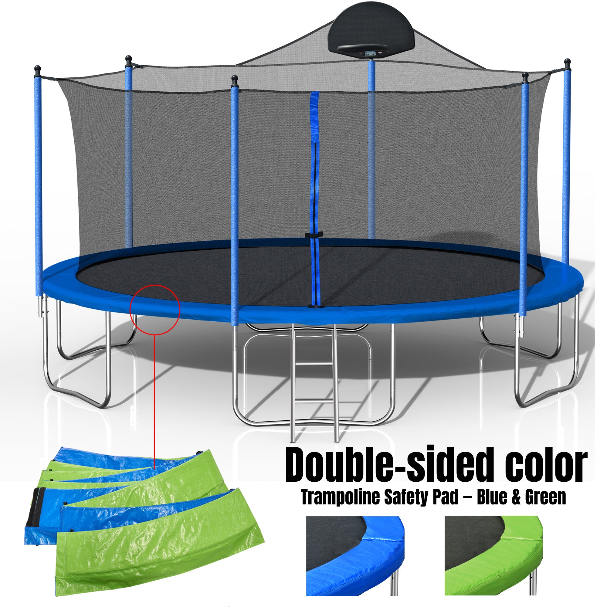 Blue 14-foot trampoline with basketball hoop — front view