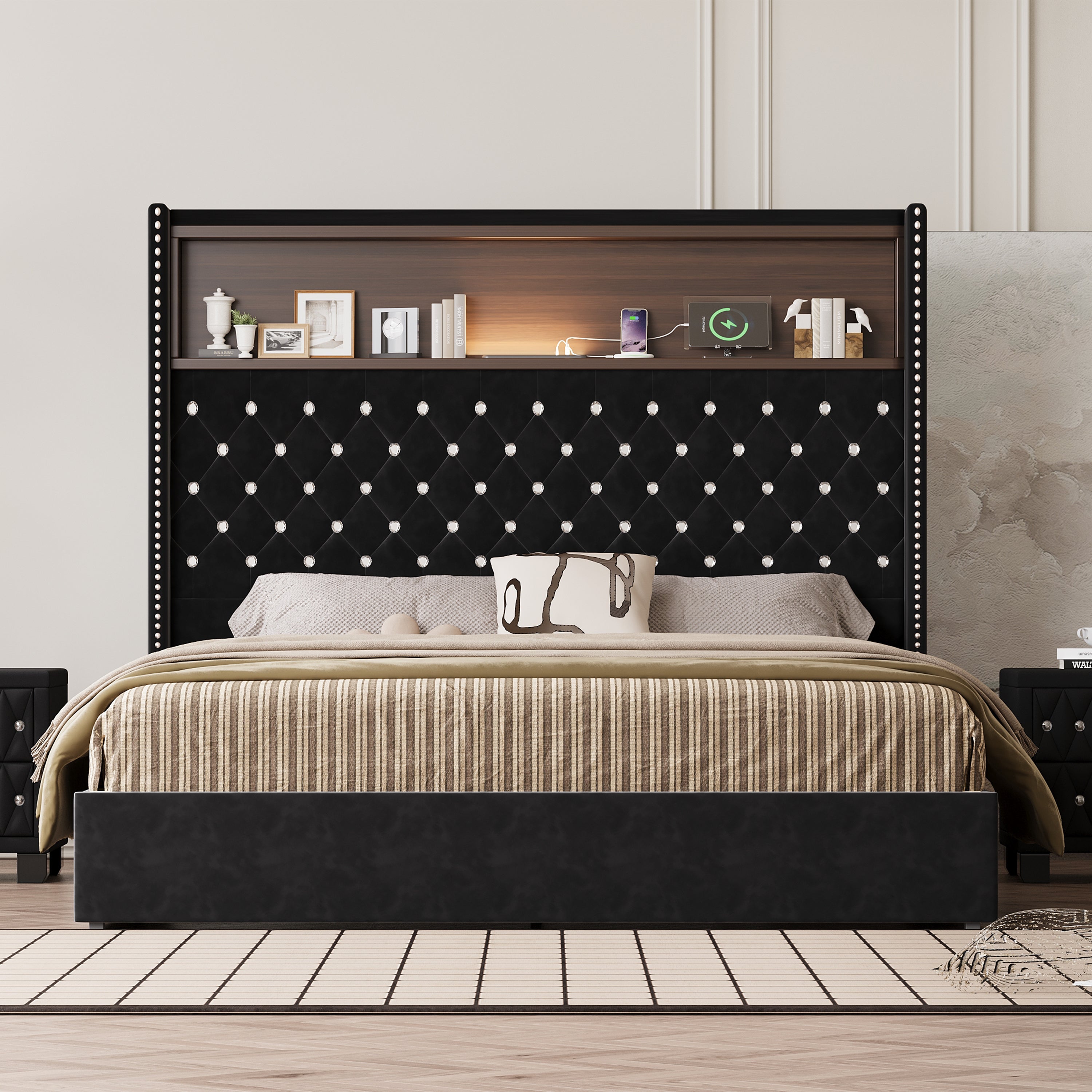 Queen Size Velvet Tufted Soft Bed Frame with USB Port and Night Light,52'' High Headboard with Rivet Decoration, Wing-back Platform Bed with Headboard Shelf, Beige