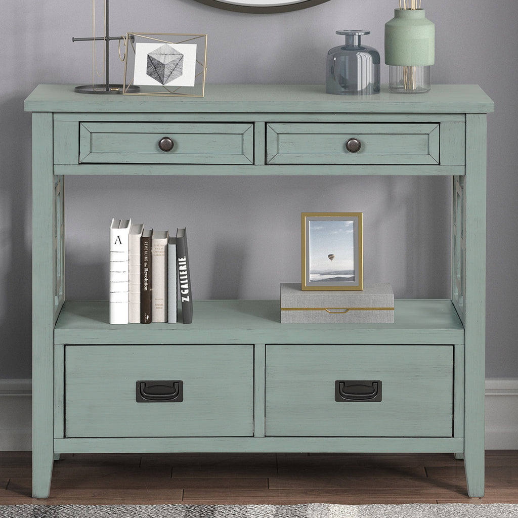 Pine wood console table retro blue — angle view