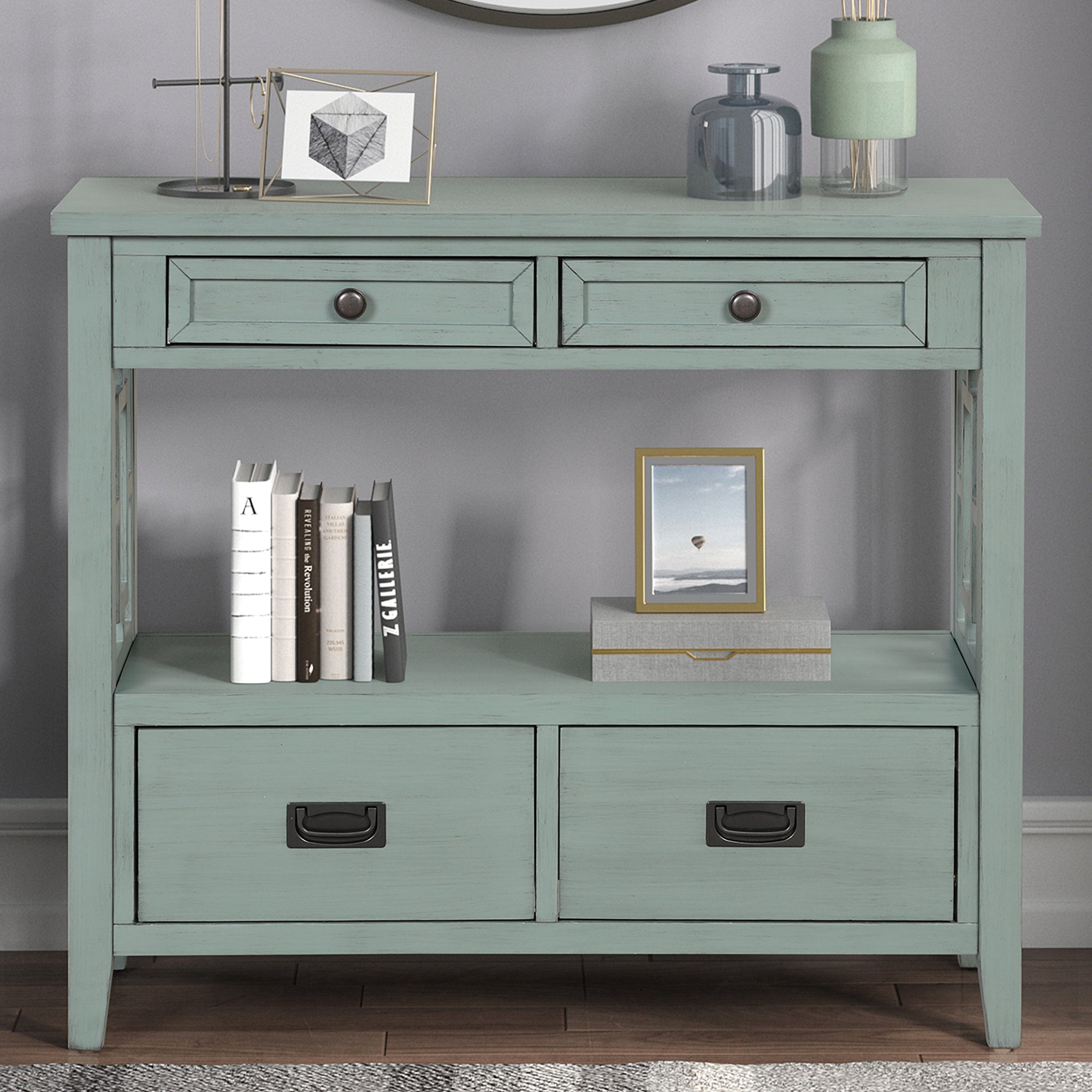 Pine wood console table retro blue — angle view