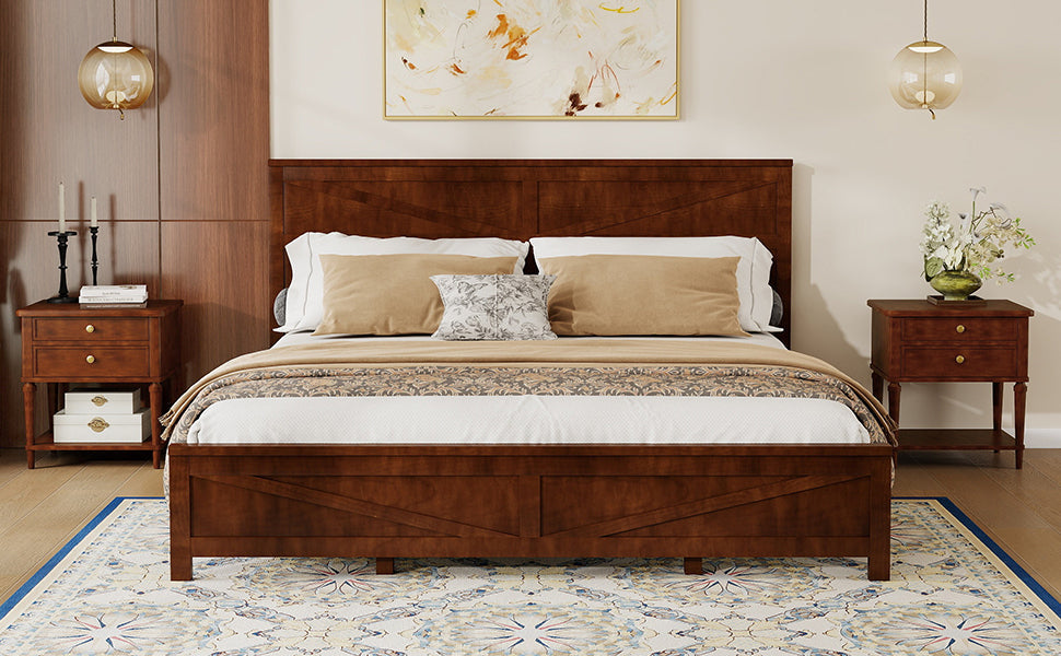 Farmhouse Style King Size Bed with Barn Door Designed Headboard and Footboard, Pinewood Bed with Strengthened Bed Frame,White