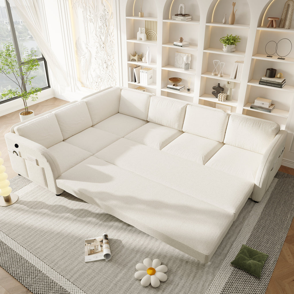 115.2' L-Shaped Sofa Couch with Pull-Out Bed,Oversize Convertible Sleeper Sofa with side Pocket & USB Port,Teddy Upholstered Sectional Couches with Convert Left/Right Facing, Light Grey