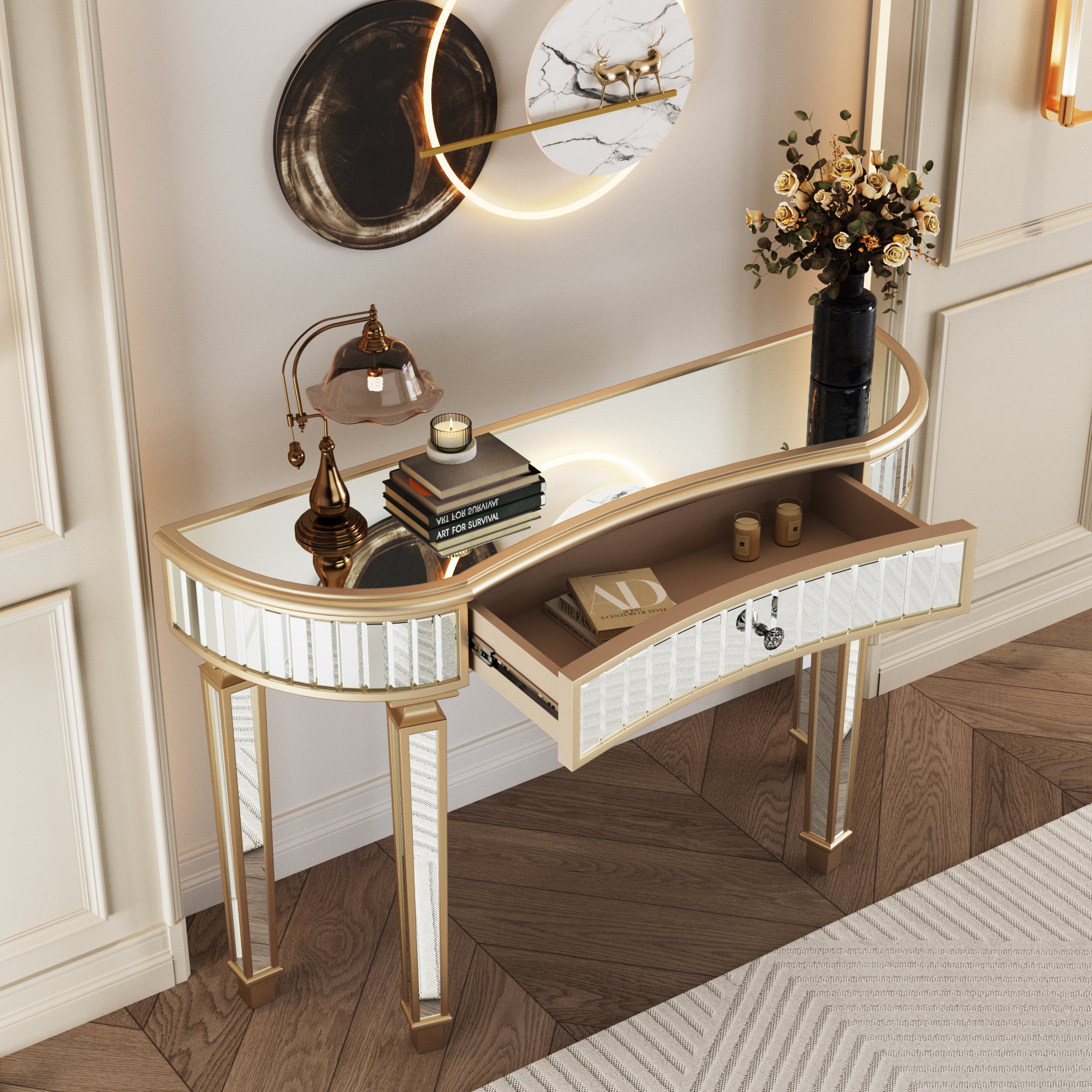 Gold silver vanity desk half-moon shape bedroom setting