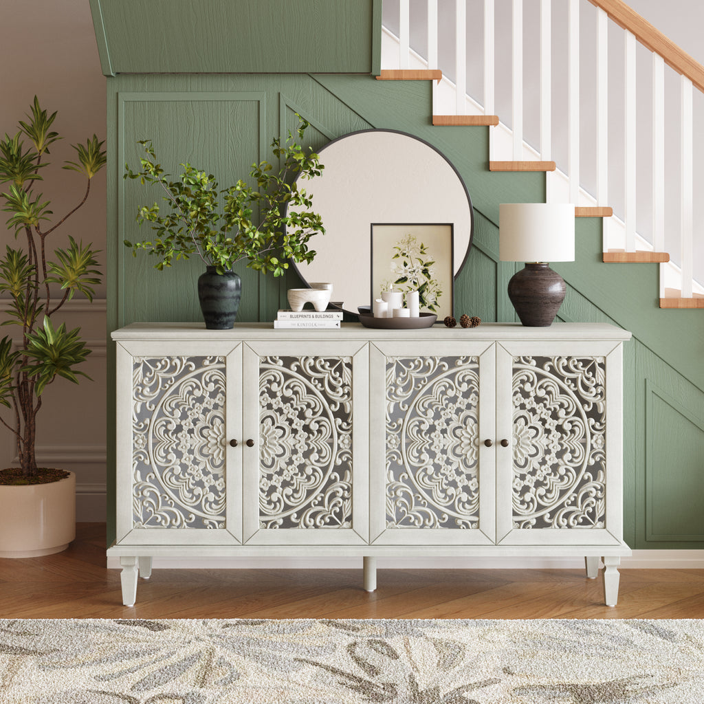 60' Antique Buffet Cabinet with Floral Carvings with Solid Wood Legs&Antique Brass Handles&Adjustable Shelves, TV Stand for 65''+ TV, Sideboard for Living Room,Dining Room (Antique Grey White)
