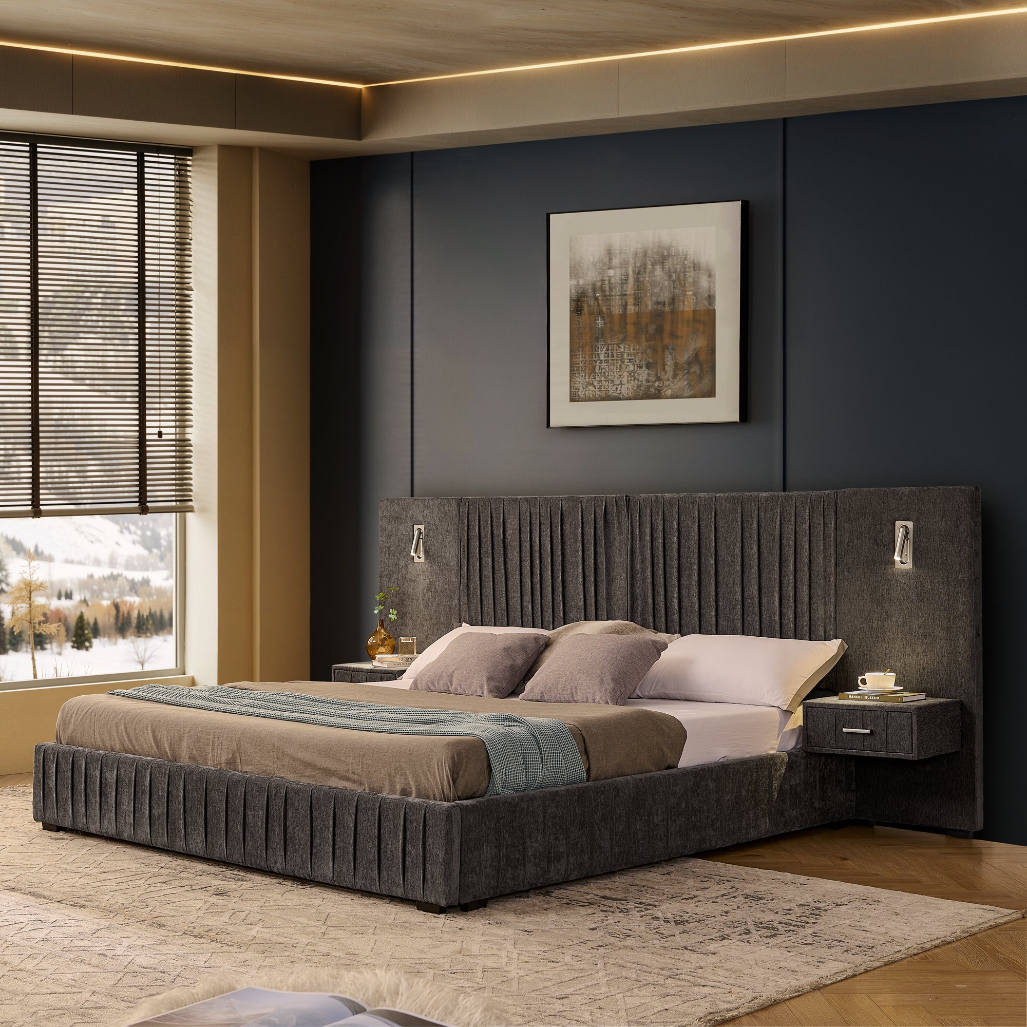 King Size Upholstered Bed Frame with Chenille fabric with pleated design,Grounded King Size Platform Bed with Headboard and Solid Frame and the bedside table.No Box Spring Needed-Blue-Green