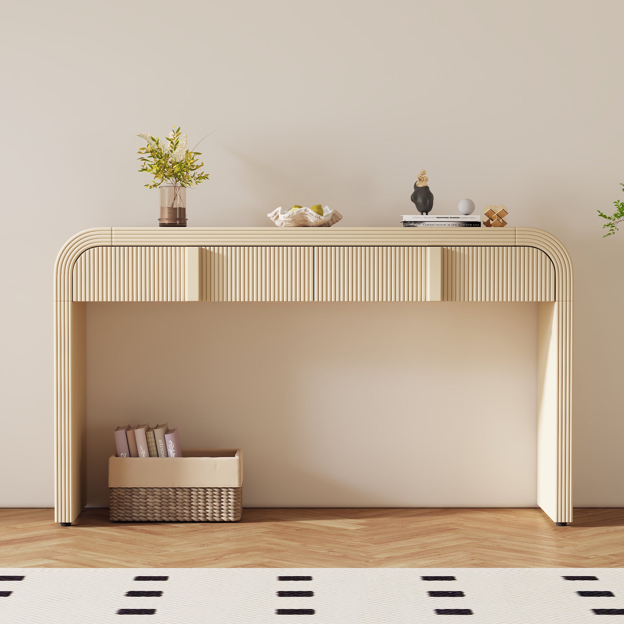 Modern apricot cream entryway console table full view