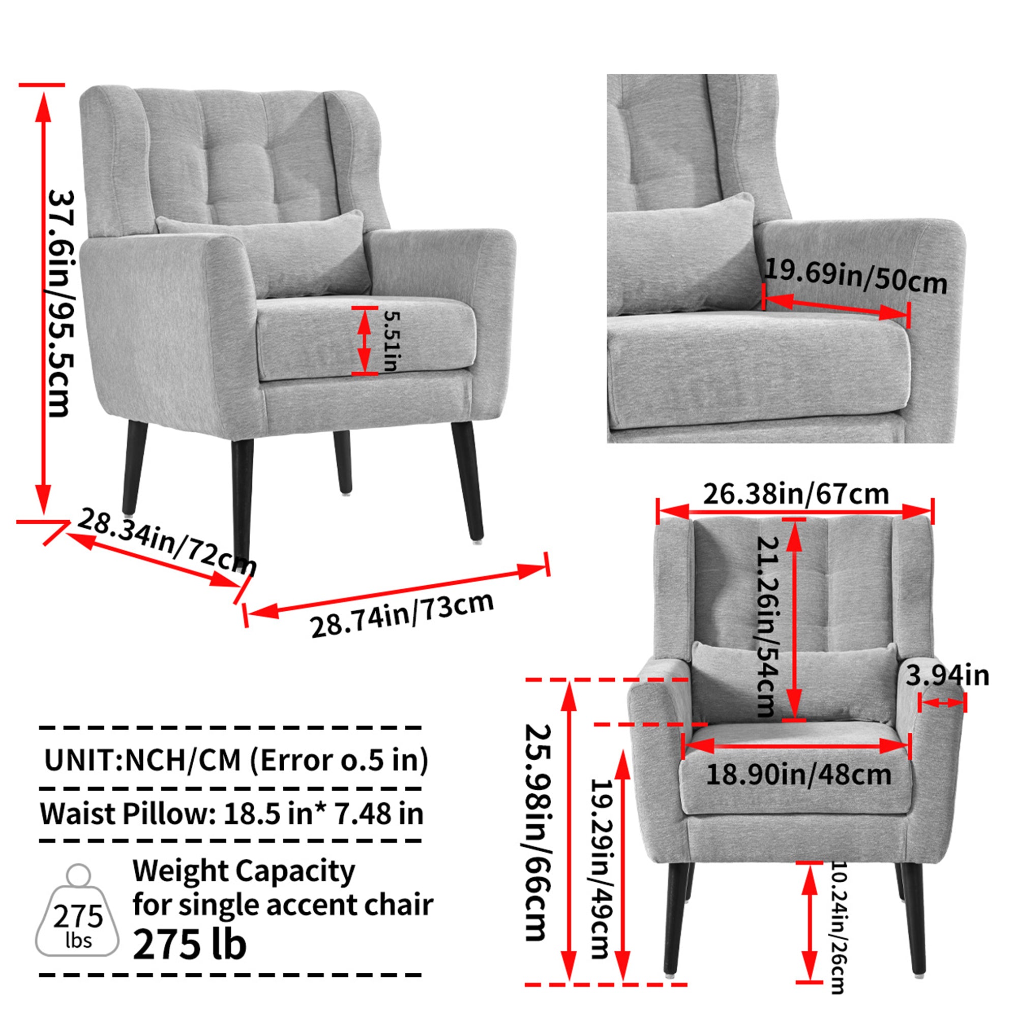 Chenille Accent Chair with Lumbar Pillow — Mid-Century Rubberwood Legs