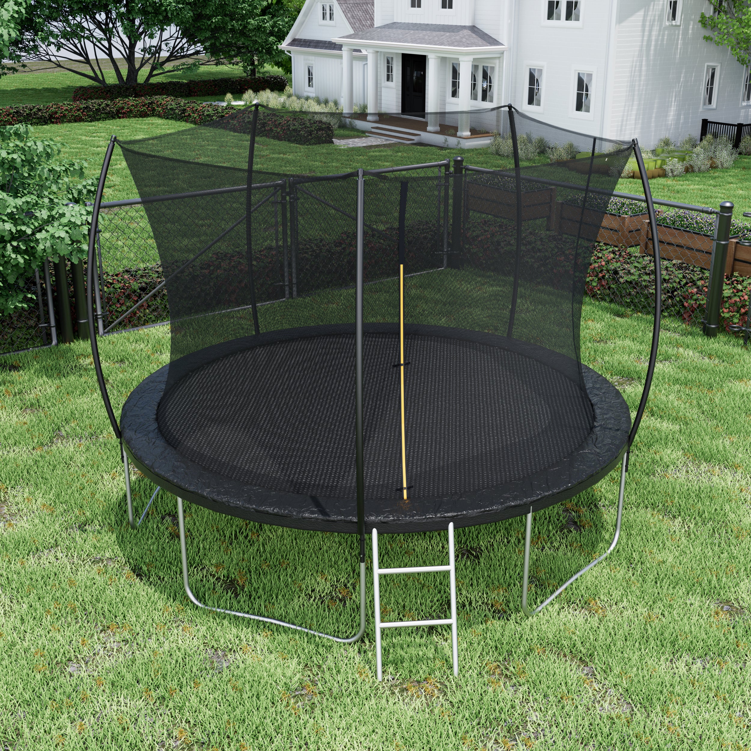 Black 12-foot trampoline curved poles safety enclosure overview