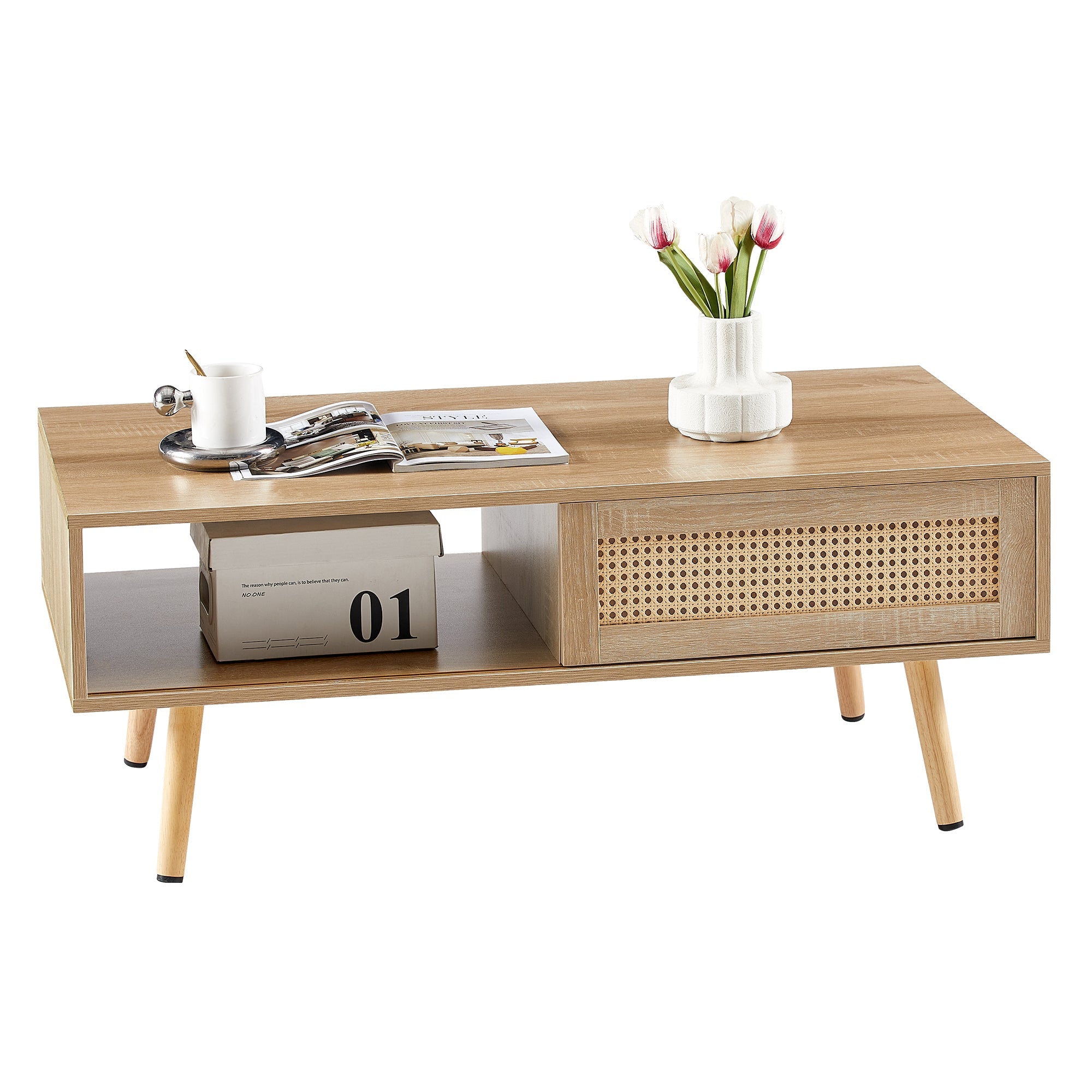 Rattan Coffee Table — Sliding Door Storage & Solid Wood Legs