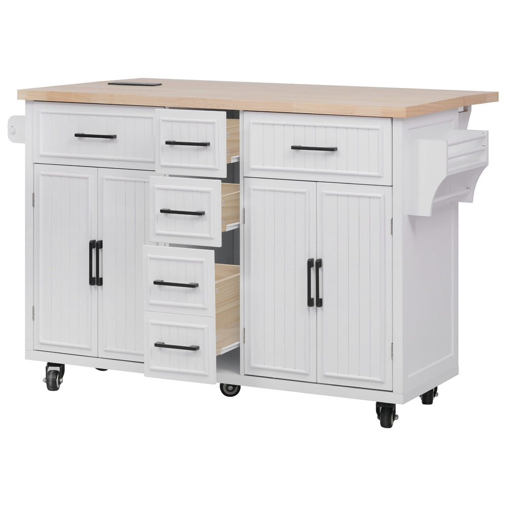 K&K 56.5'' Kitchen Island with Drop Leaf, Power Outlet, Embossed Vertical Stripe Rolling Kitchen Cart on Wheels with 4 Doors , 5 Deep Drawers and Adjustable Shelves, for Kitchen, Dining Room, Black