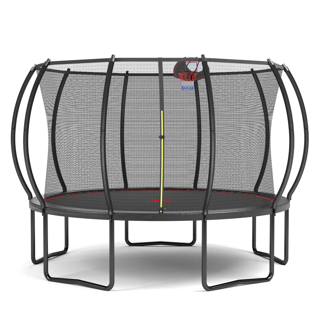 Black and red 12-foot pumpkin-shaped trampoline with basketball hoop — front view